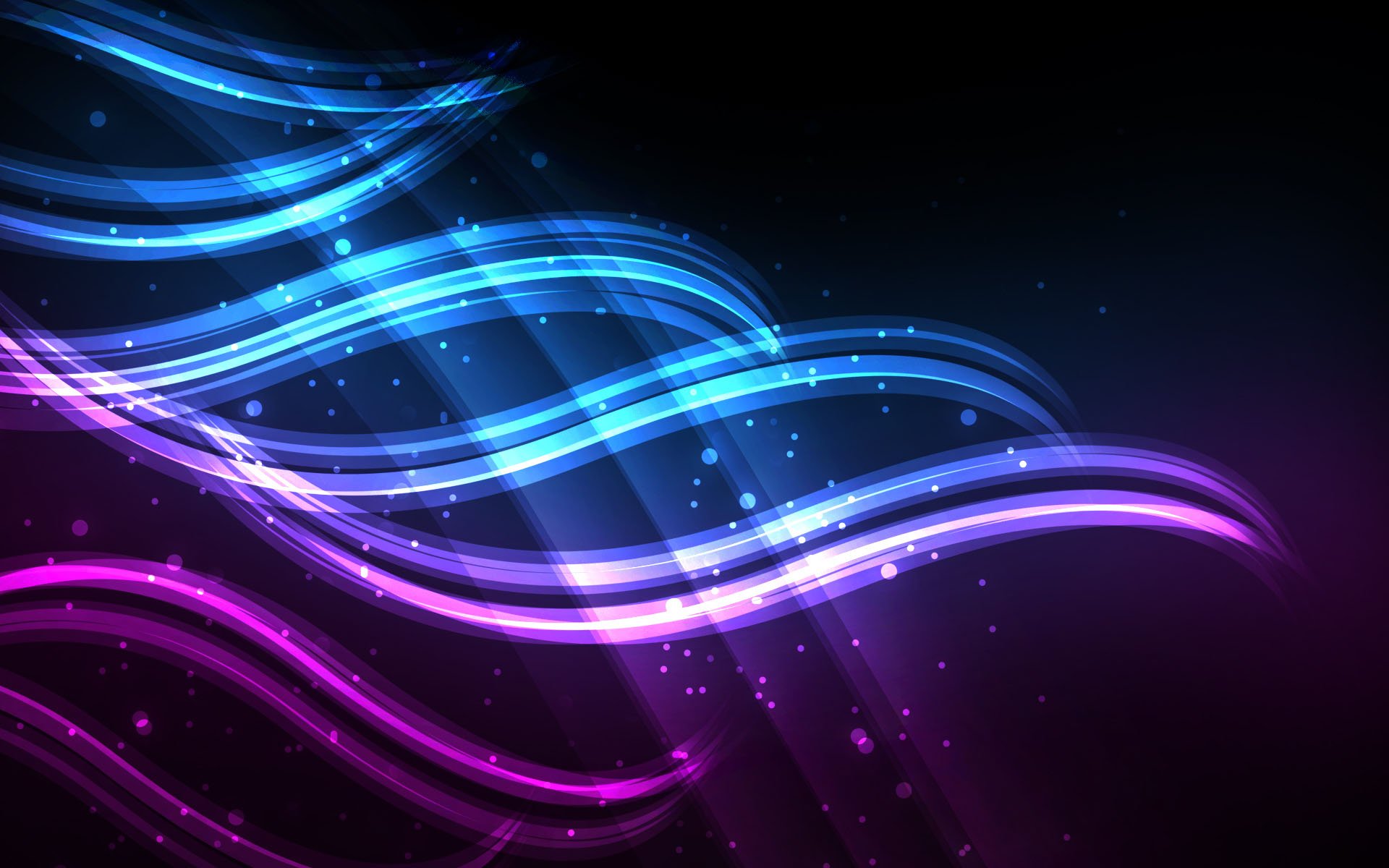Abstract colorful HD PC desktop wallpaper: flowing neon blue and magenta light ribbons over a dark background with sparkles and subtle lens flares.