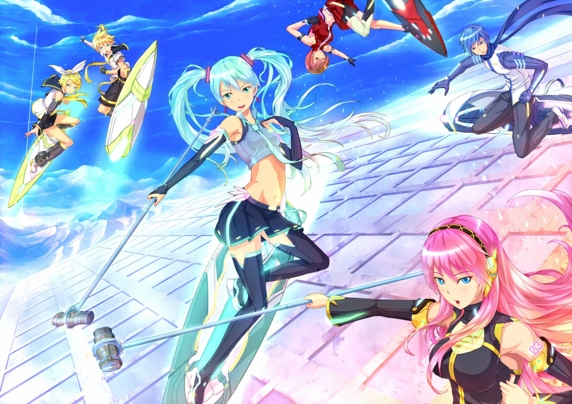 HD desktop wallpaper featuring vibrant anime characters Kaito, Len Kagamine, Rin Kagamine, Luka Megurine, and Hatsune Miku from Vocaloid in dynamic action poses against a bright, sky-filled background.