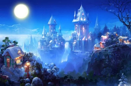 A stunning fantasy castle illuminated under a full moon, surrounded by snowy landscapes and quaint houses, creates a magical atmosphere in this HD desktop wallpaper.