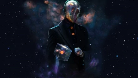 HD desktop wallpaper featuring Slender Man in space, holding a glowing star-filled cube. Inspired by the video game Slender: The Eight Pages.