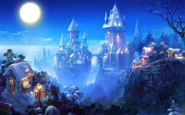 A stunning fantasy castle illuminated under a full moon, surrounded by snowy landscapes and quaint houses, creates a magical atmosphere in this HD desktop wallpaper.