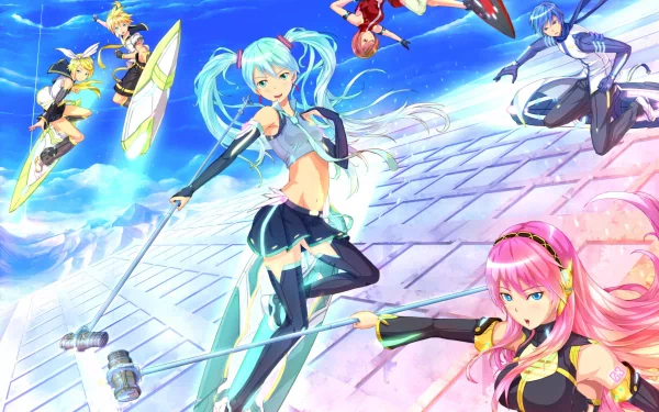 HD desktop wallpaper featuring vibrant anime characters Kaito, Len Kagamine, Rin Kagamine, Luka Megurine, and Hatsune Miku from Vocaloid in dynamic action poses against a bright, sky-filled background.