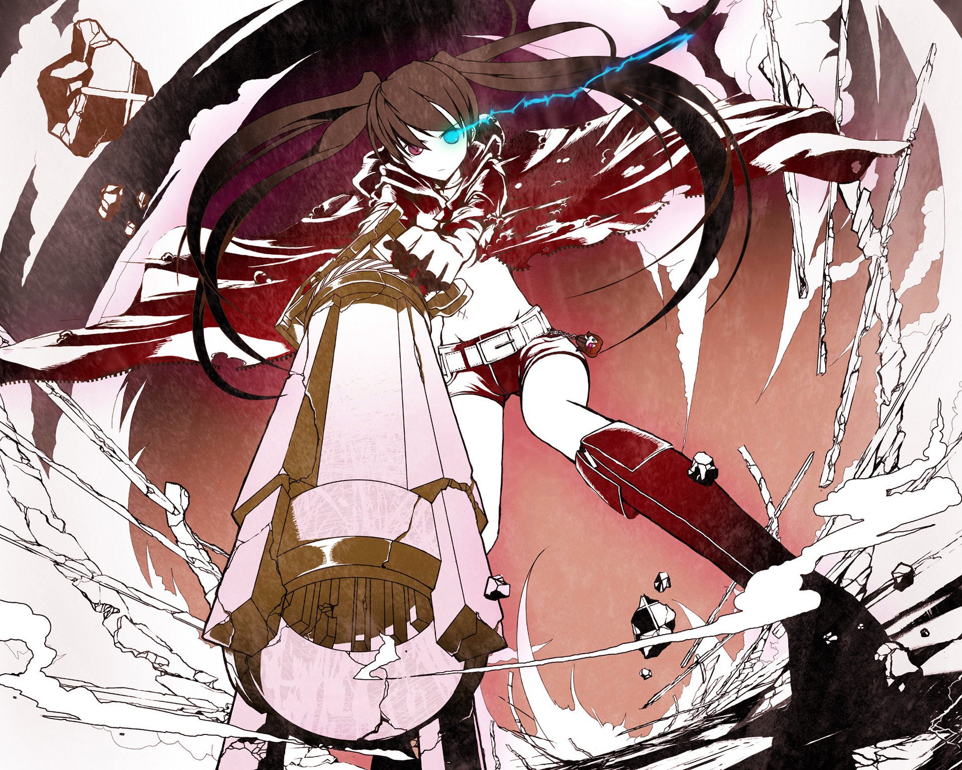 Anime Black Rock Shooter with glowing blue eye and oversized cannon amid chains and shattered debris — high-contrast red and white HD PC desktop wallpaper/background.
