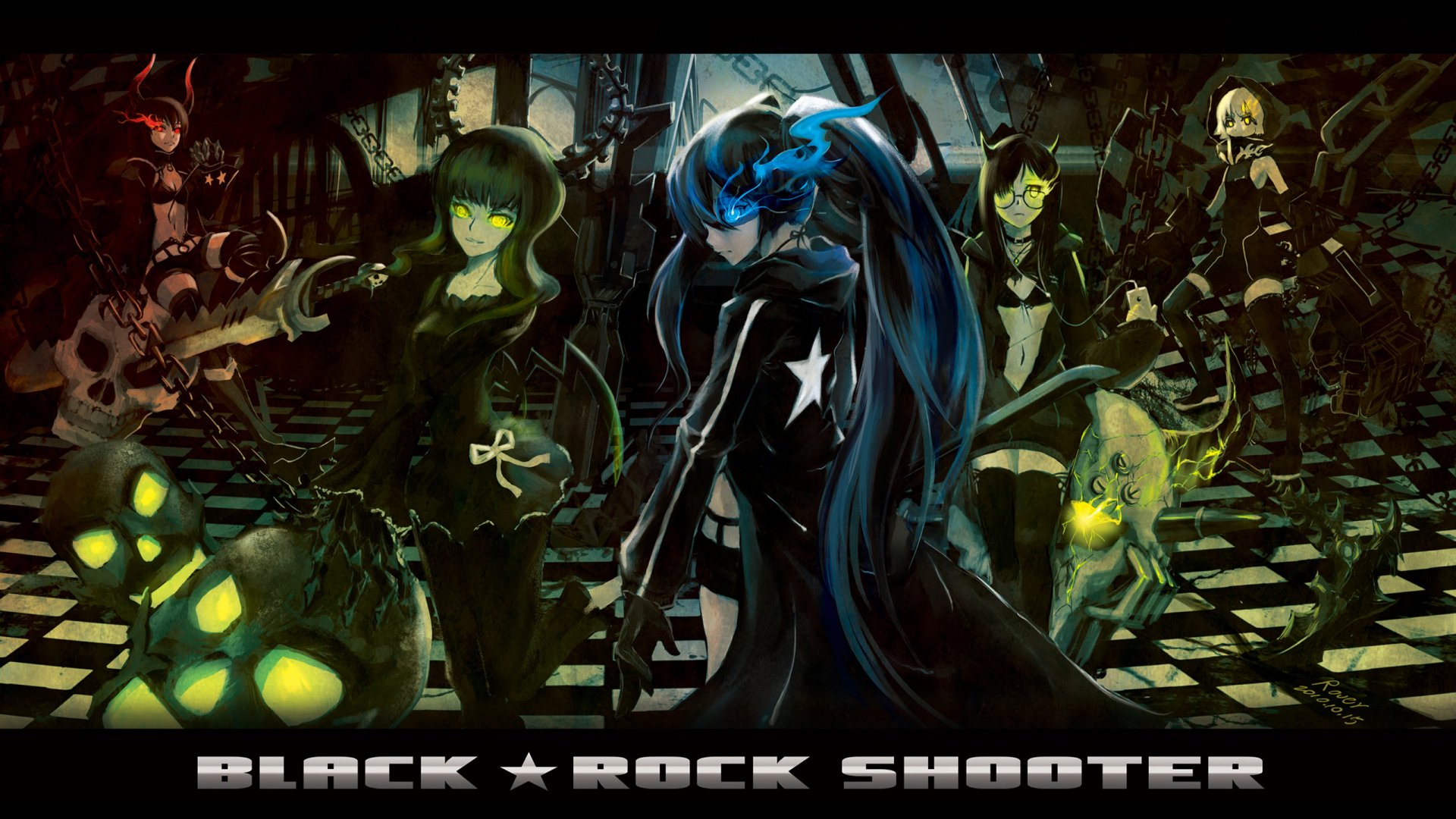 HD anime wallpaper featuring Black Rock Shooter characters: Black Gold Saw, Strength, and Dead Master in a dark, intense setting with glowing green and blue accents.