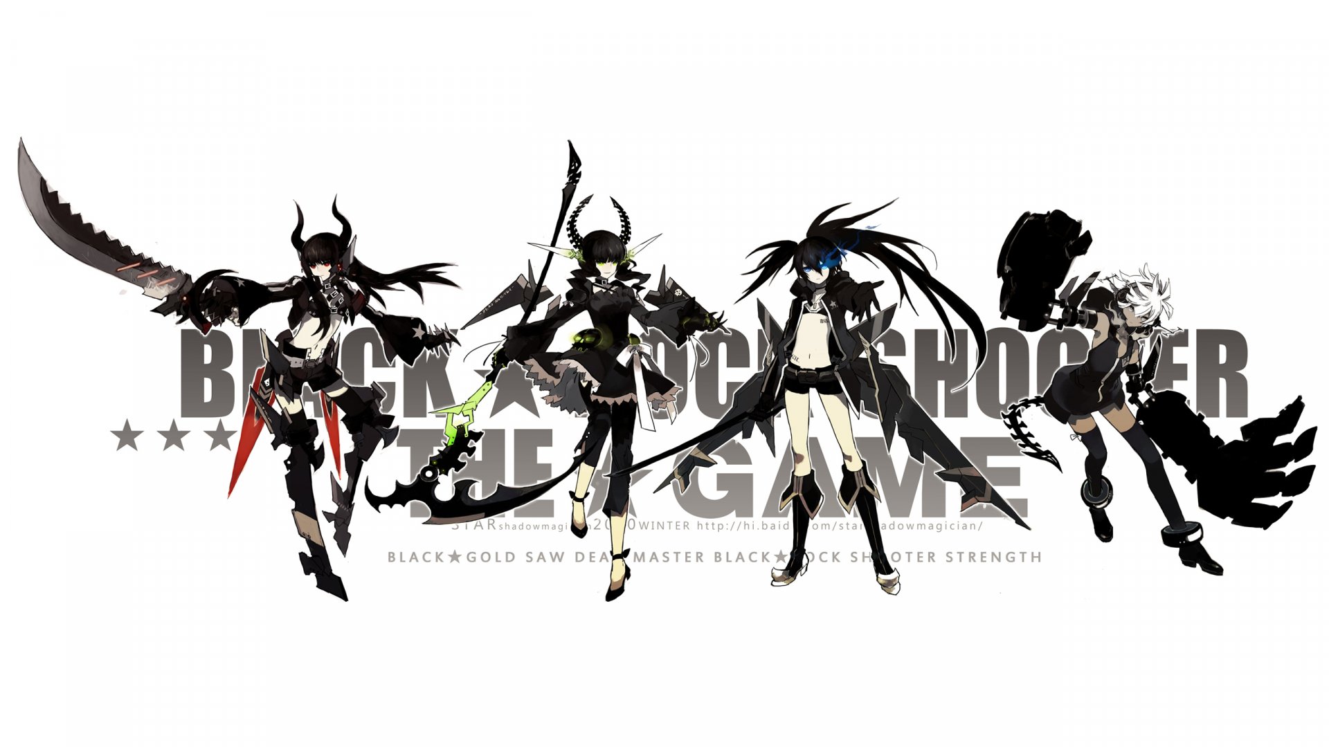 HD anime desktop wallpaper featuring Dead Master, Black Gold Saw, and Strength from Black Rock Shooter in dynamic poses against a white background.