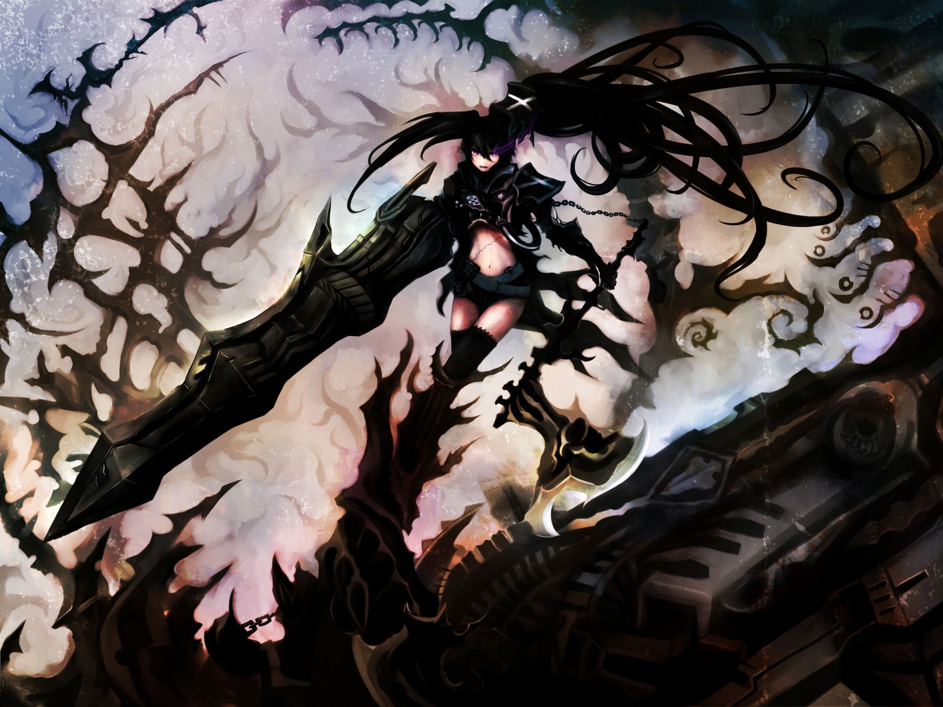 Insane Black Rock Shooter anime 2K Quad HD desktop wallpaper: dark-armored Black Rock Shooter wielding a massive cannon, hair and tendrils flowing over a smoky, surreal battlefield.