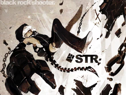 Strength (Black Rock Shooter) in a dynamic, chain-bound pose amid shattered debris — HD anime desktop wallpaper/background.