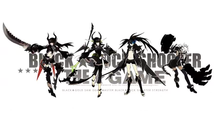 HD anime desktop wallpaper featuring Dead Master, Black Gold Saw, and Strength from Black Rock Shooter in dynamic poses against a white background.