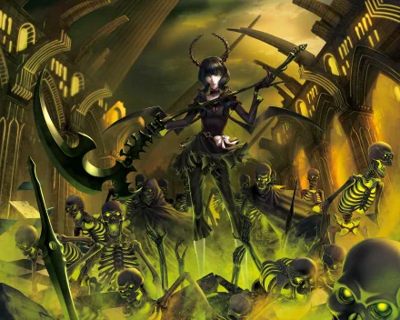 HD anime desktop wallpaper featuring Dead Master from Black Rock Shooter, standing amid glowing skeletal figures in a dark, industrial setting.