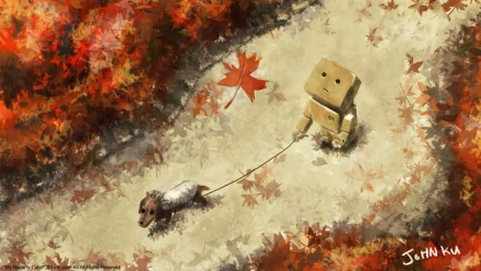 Anime HD PC desktop wallpaper and background of Yotsuba! Danbo walking a small dog on a leash through autumn leaves, top-down view with warm painterly colors.