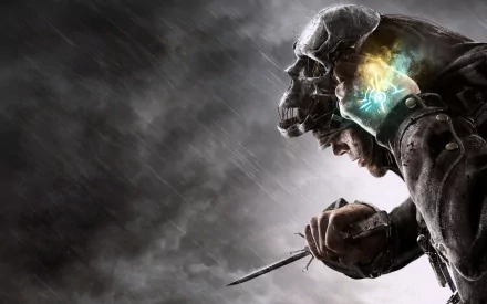 A dramatic HD wallpaper featuring Corvo Attano from the video game Dishonored, showcasing his intense gaze and unique abilities against a stormy backdrop.