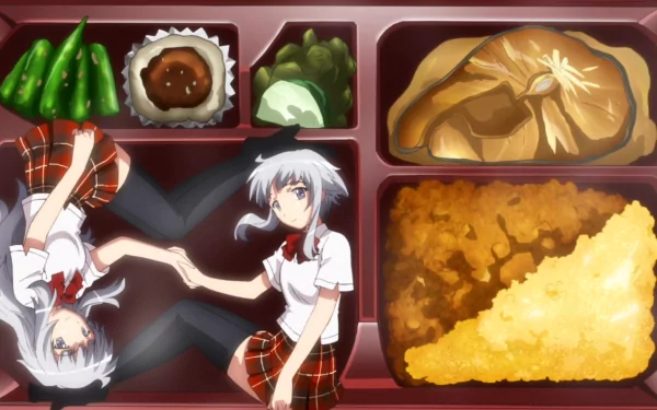 HD PC desktop wallpaper featuring two anime girls from Ben-To in school uniforms lying inside a bento box surrounded by various food items.