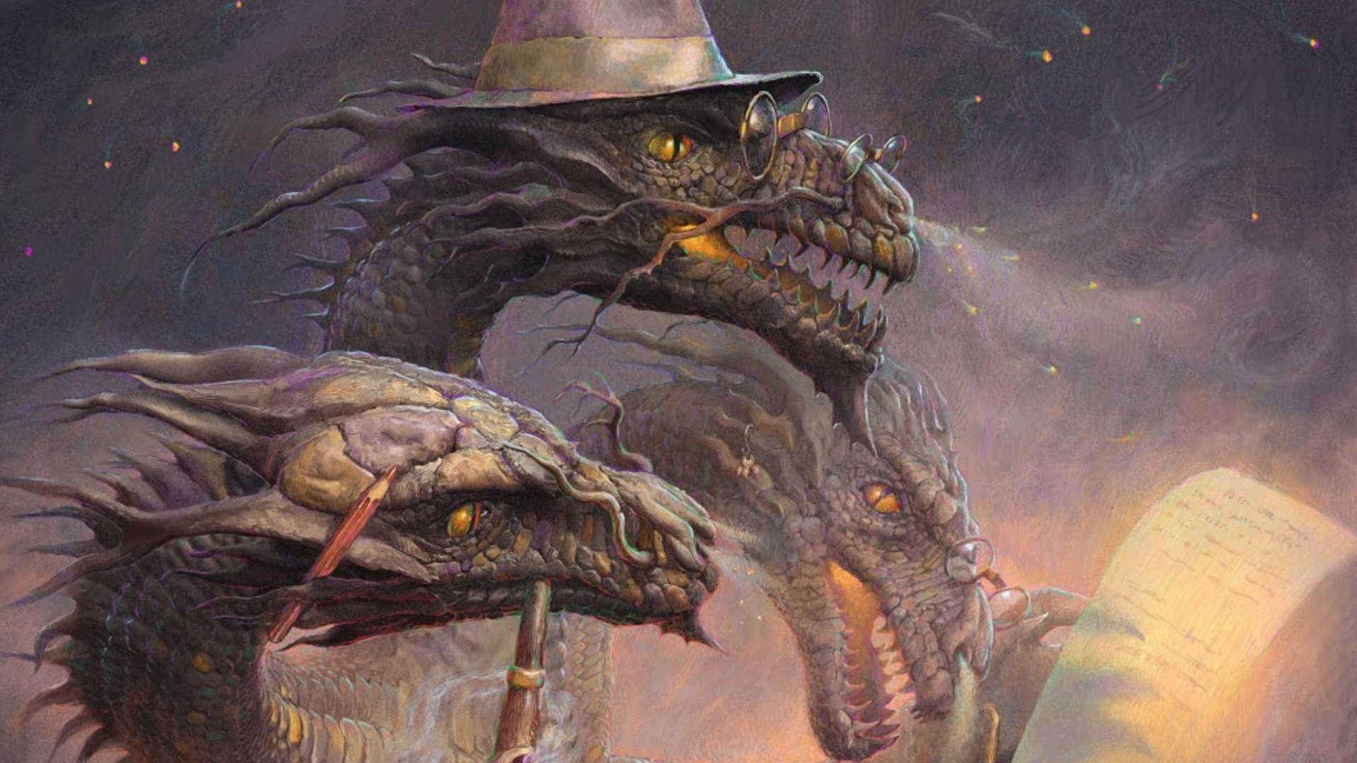 HD fantasy PC desktop wallpaper depicting a detailed three-headed dragon with glowing eyes under a moody, smoky sky.