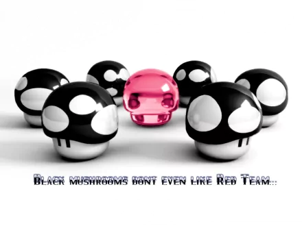 HD desktop wallpaper featuring black Mario mushrooms surrounding a Dracula-themed red mushroom with the text Black Mushrooms Don't Even Like Red Team.