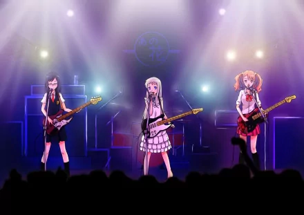 Chiriko Tsurumi, Naruko Anjou, and Meiko Honma perform on stage in this HD wallpaper inspired by the anime Anohana, capturing a lively concert atmosphere.