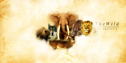 HD PC desktop wallpaper animal collage: elephant at center with lion, bear, cougar, wolf and deer clustered on a warm, textured background.