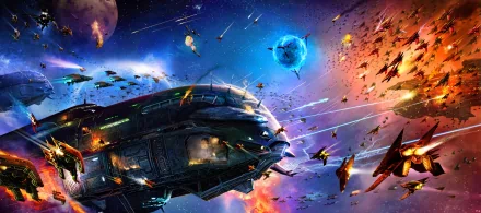 A dynamic scene from Jumpgate Evolution, showcasing a spaceship amidst a vibrant sci-fi battle, filled with explosions and starships in a dazzling 4K Ultra HD backdrop.