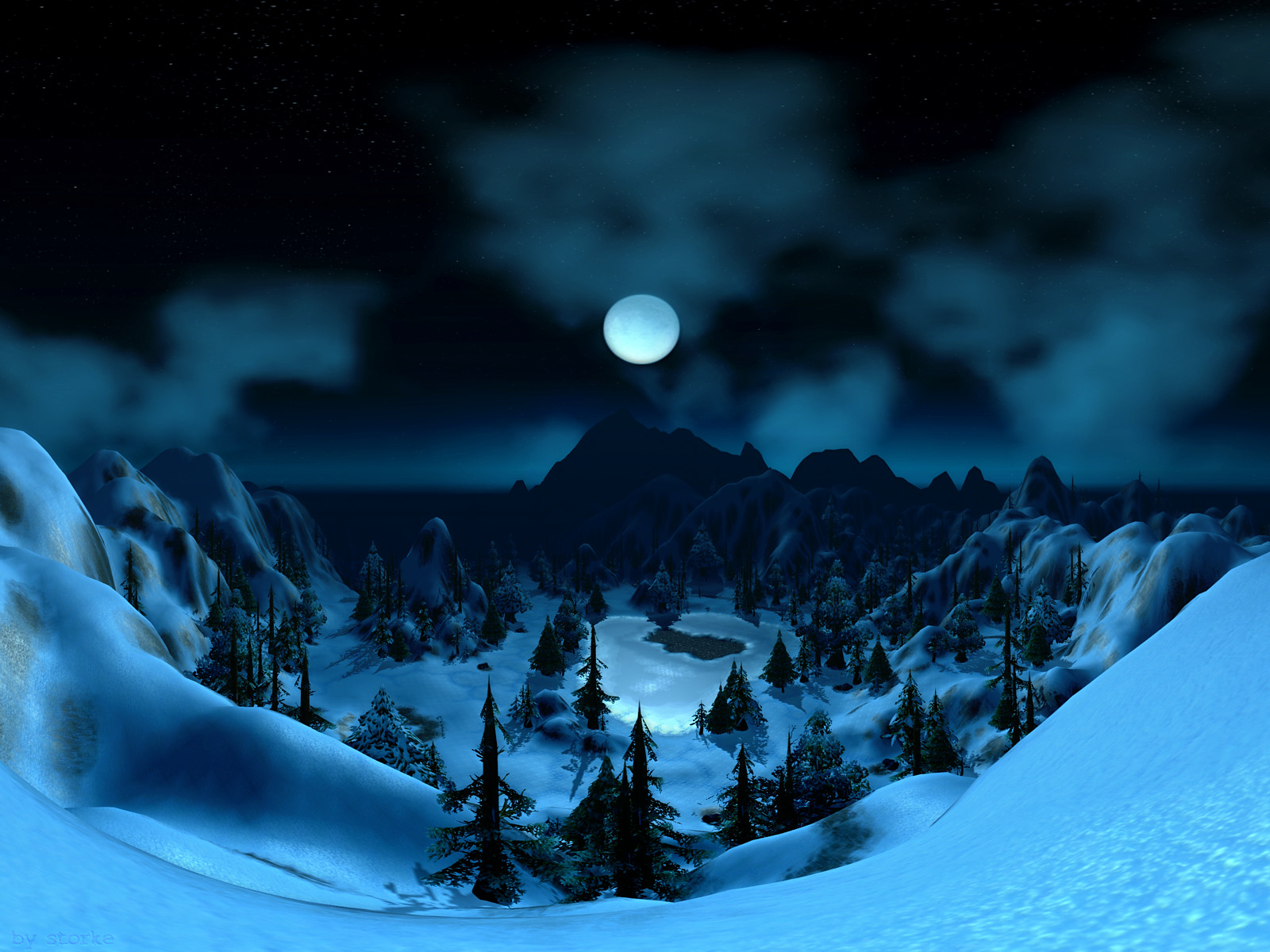 Starry sky illuminates snowy landscape with moon, tree standing tall at night.