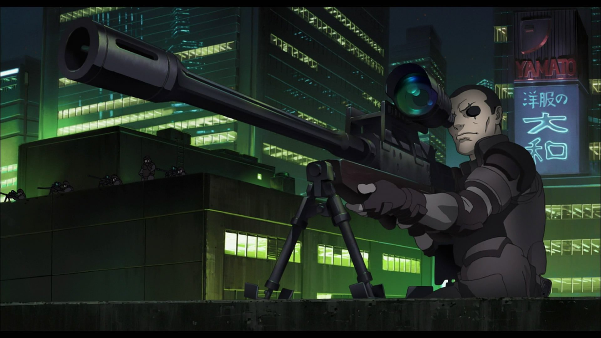 HD PC desktop wallpaper featuring a masked sniper from the anime Ghost in the Shell set against a neon-lit urban cityscape at night.