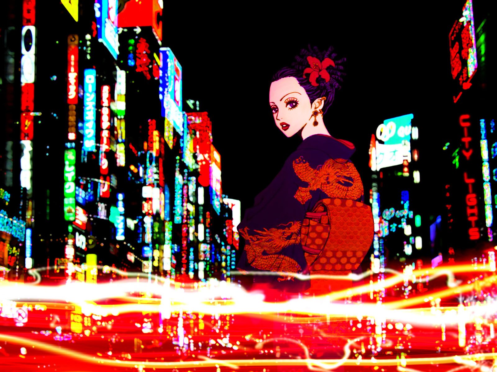 HD anime desktop wallpaper featuring Nana standing against a vibrant, neon-lit cityscape at night with dynamic light trails and bold colors.