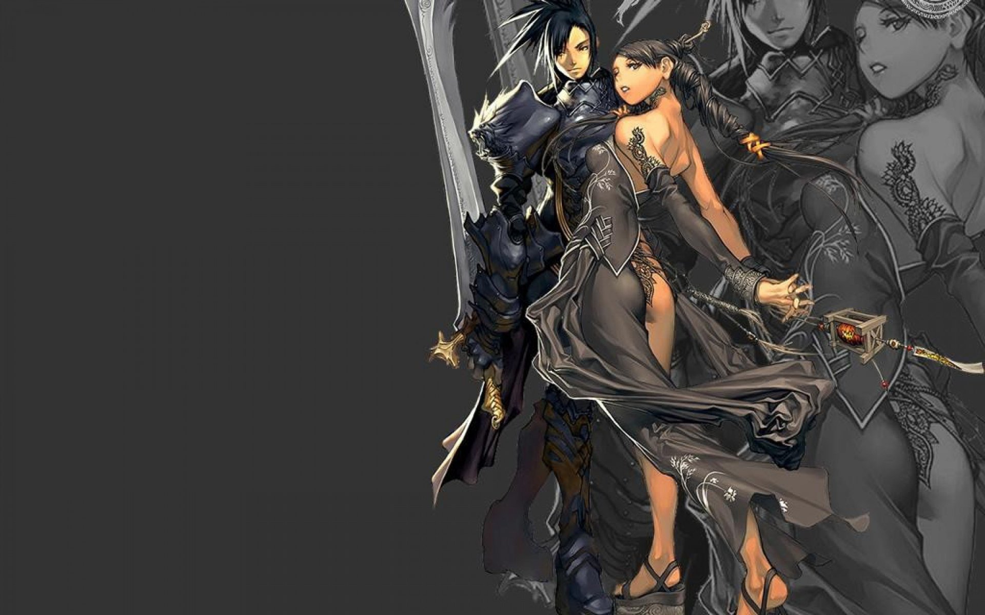 HD PC desktop wallpaper featuring characters from the video game Magna Carta, showcasing detailed fantasy-themed artwork with a dark, elegant aesthetic.