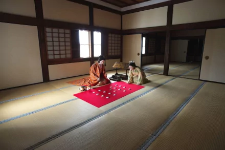 Two people in traditional kimonos sit on a red cloth playing a game inside a Japanese house, with a small cat nearby, captured in a serene HD photography scene.