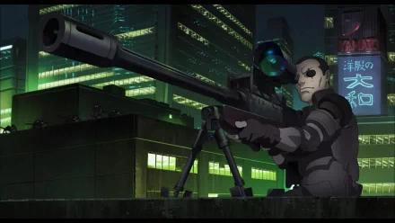 HD PC desktop wallpaper featuring a masked sniper from the anime Ghost in the Shell set against a neon-lit urban cityscape at night.