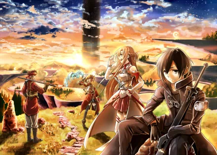 HD desktop wallpaper featuring characters from Sword Art Online, including Kirito and Asuna Yuuki, with long and short hair, twintails, and swords, standing against a sunset with clouds and weapons.