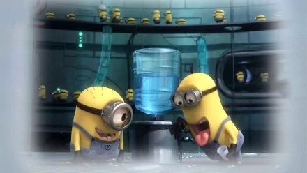 HD wallpaper image from the movie Despicable Me featuring two minions in a humorous scene by a water cooler, set in a lab with additional minions in the background.