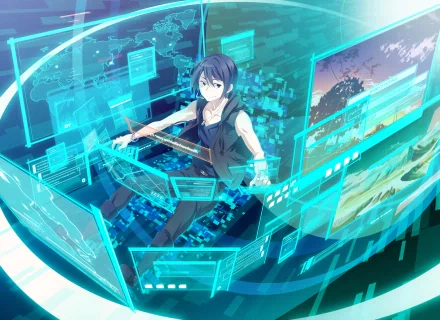 Anime Eureka Seven Ao HD PC desktop wallpaper: Ao in a cyan-lit holographic cockpit, manipulating translucent data screens above a glowing digital cityscape.