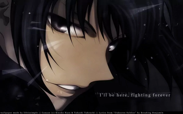 HD PC desktop wallpaper of Canaan (anime): close-up of a dark-haired face, one eye shadowed, rain-speckled highlights and a moody, intense expression.