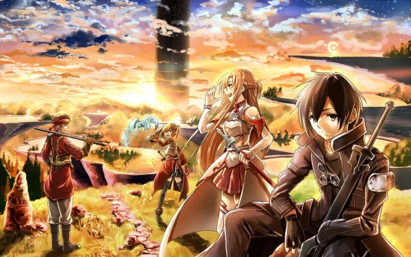 HD desktop wallpaper featuring characters from Sword Art Online, including Kirito and Asuna Yuuki, with long and short hair, twintails, and swords, standing against a sunset with clouds and weapons.