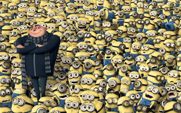 HD desktop wallpaper featuring Gru and an army of Minions from the movie Despicable Me. Gru stands confidently among a sea of excited yellow Minions.