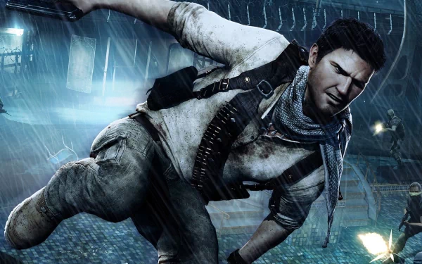 Nathan Drake from the video game Uncharted 3: Drake's Deception, captured in an action-packed moment, serves as a striking HD desktop wallpaper and background.