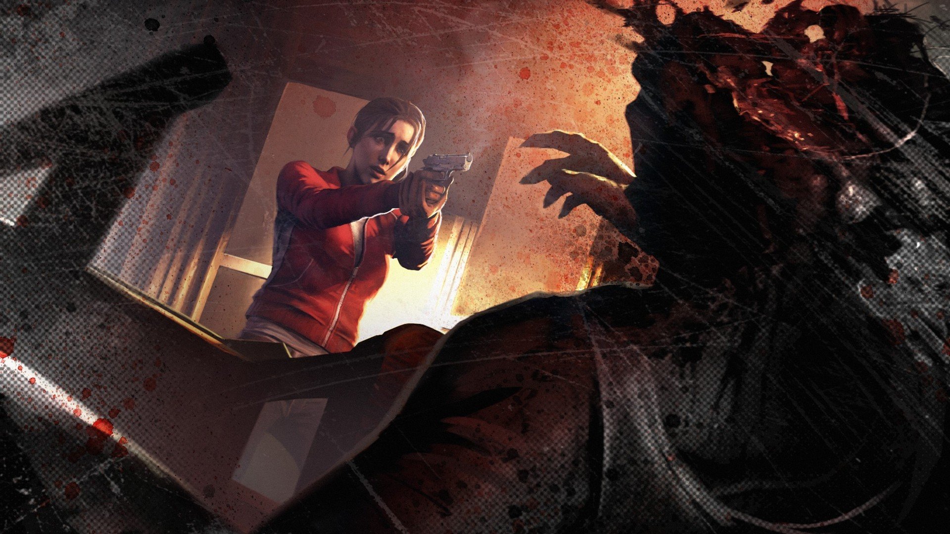 A dynamic HD wallpaper from the video game Left 4 Dead, featuring a character aiming a gun in a tense showdown against a zombie, with dramatic lighting and eerie shadows.