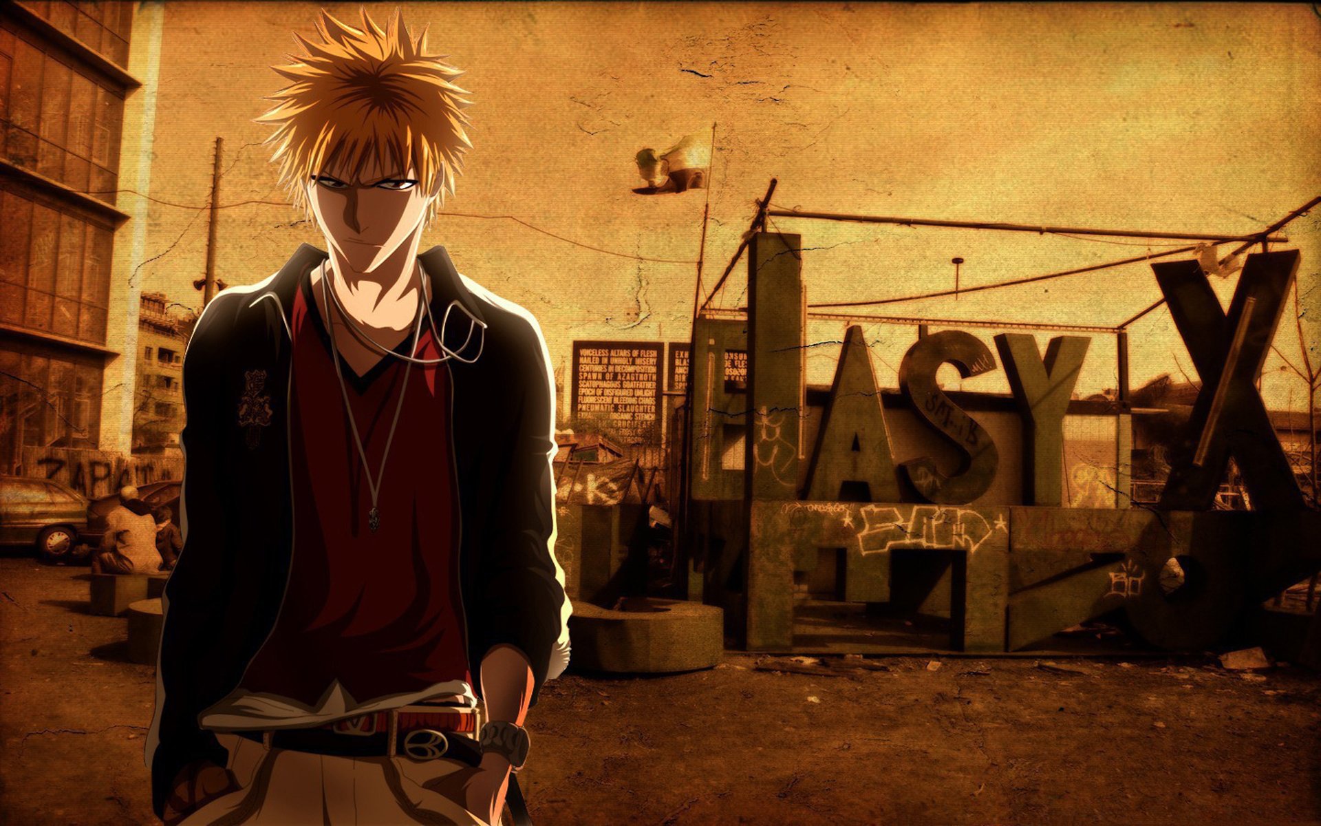 Ichigo Kurosaki from the anime Bleach stands confidently against a gritty urban backdrop, capturing the essence of his character in this high-definition desktop wallpaper.