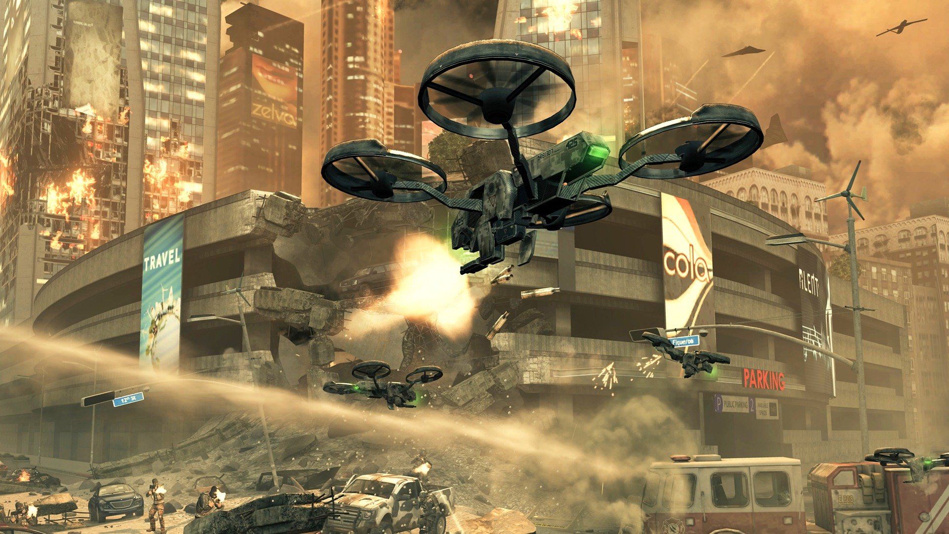 HD PC desktop wallpaper featuring futuristic drones in an urban battlefield scene from the video game Call of Duty: Black Ops II.
