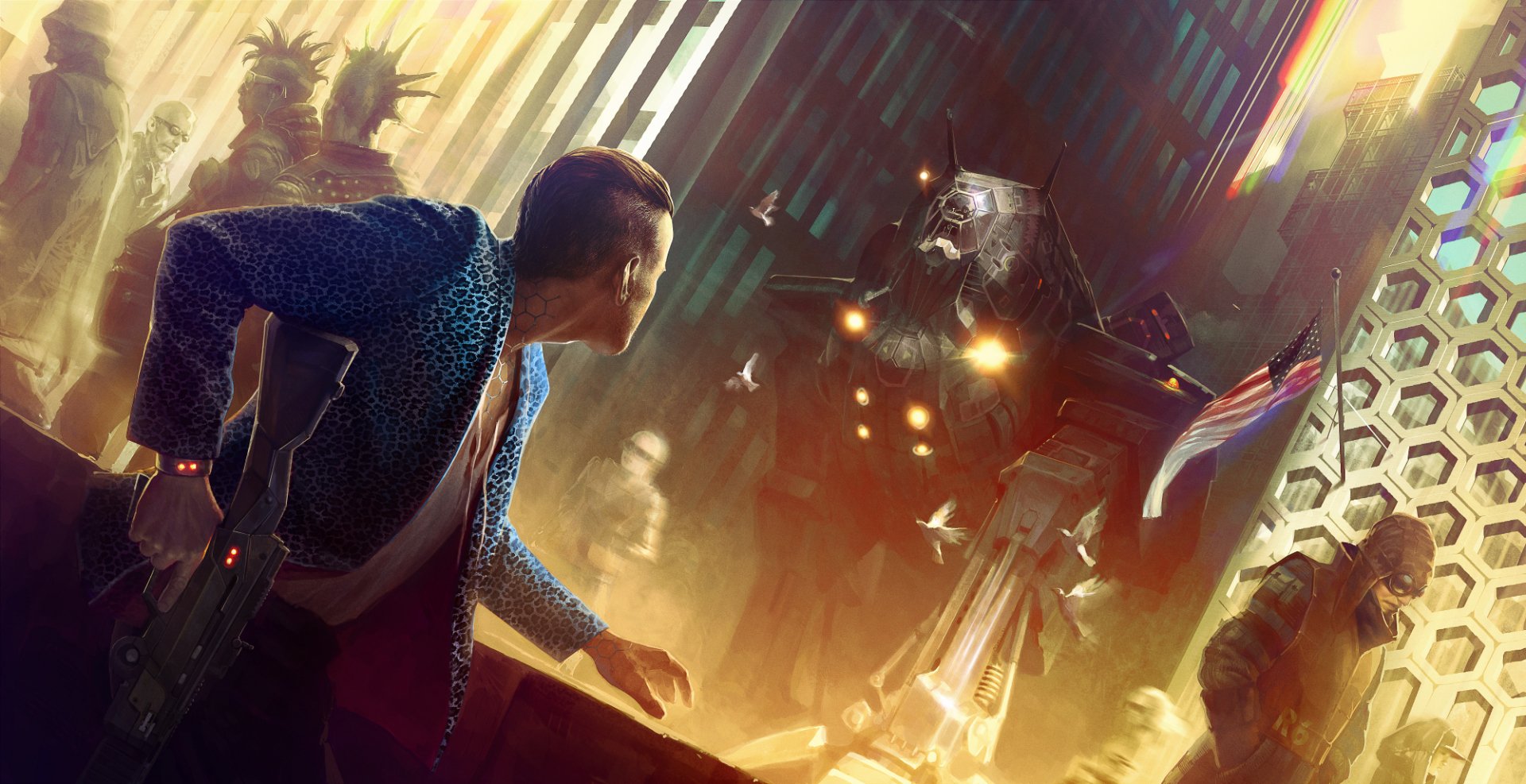 A dynamic scene from Cyberpunk 2077, featuring a character in vibrant attire, facing a robotic figure amidst a futuristic, neon-lit urban landscape. An engaging HD wallpaper for fans.