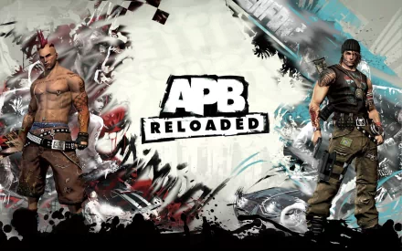 HD PC desktop wallpaper for the video game APB Reloaded (All Points Bulletin), showing the APB logo centered with two gritty characters and a graffiti‑style urban backdrop.