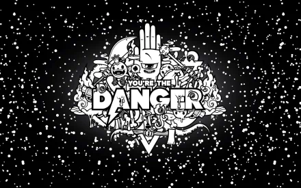 A black and white psychedelic sci-fi HD desktop wallpaper featuring abstract trippy shapes, cosmic elements, and bold Danger text at its center.