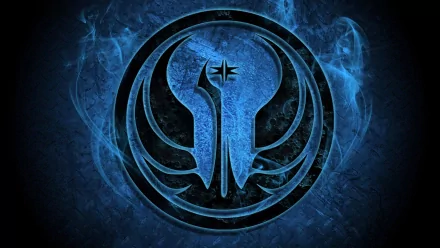 A striking HD wallpaper featuring the emblem of the Jedi from Star Wars: The Old Republic, set against a dark, swirling blue background.