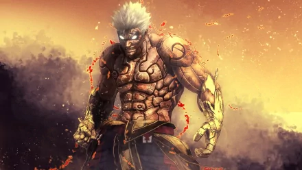 HD desktop wallpaper featuring a powerful, muscular character from the video game Asura's Wrath, with glowing eyes and flames surrounding his body, set against a fiery, dramatic background.