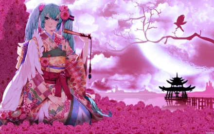 Anime character Hatsune Miku in a traditional kimono, sitting among pink flowers with a geisha theme; a pagoda and a bird silhouetted against a pink sky in the background. HD desktop wallpaper.