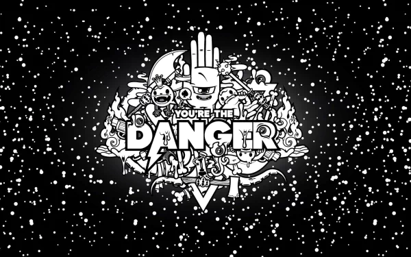 A black and white psychedelic sci-fi HD desktop wallpaper featuring abstract trippy shapes, cosmic elements, and bold Danger text at its center.