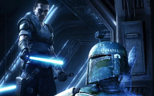 HD PC desktop wallpaper featuring Boba Fett, the iconic bounty hunter, from the video game Star Wars: The Force Unleashed II, set in a dark sci-fi environment.