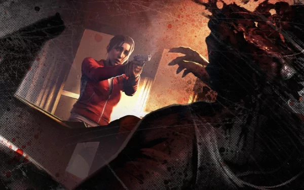 A dynamic HD wallpaper from the video game Left 4 Dead, featuring a character aiming a gun in a tense showdown against a zombie, with dramatic lighting and eerie shadows.