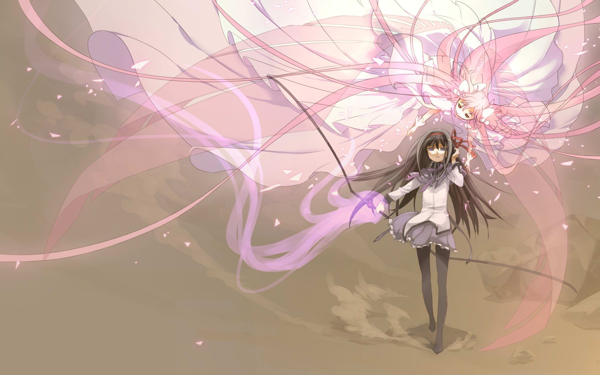 A dynamic scene featuring Homura Akemi from Puella Magi Madoka Magica, wielding a weapon amidst flowing pink energy, creating a captivating anime background.