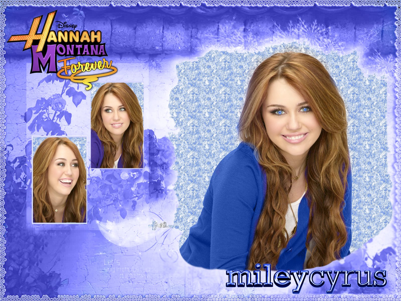HD desktop wallpaper featuring Miley Cyrus as Hannah Montana with a vibrant blue background and the show's logo in the top left corner.