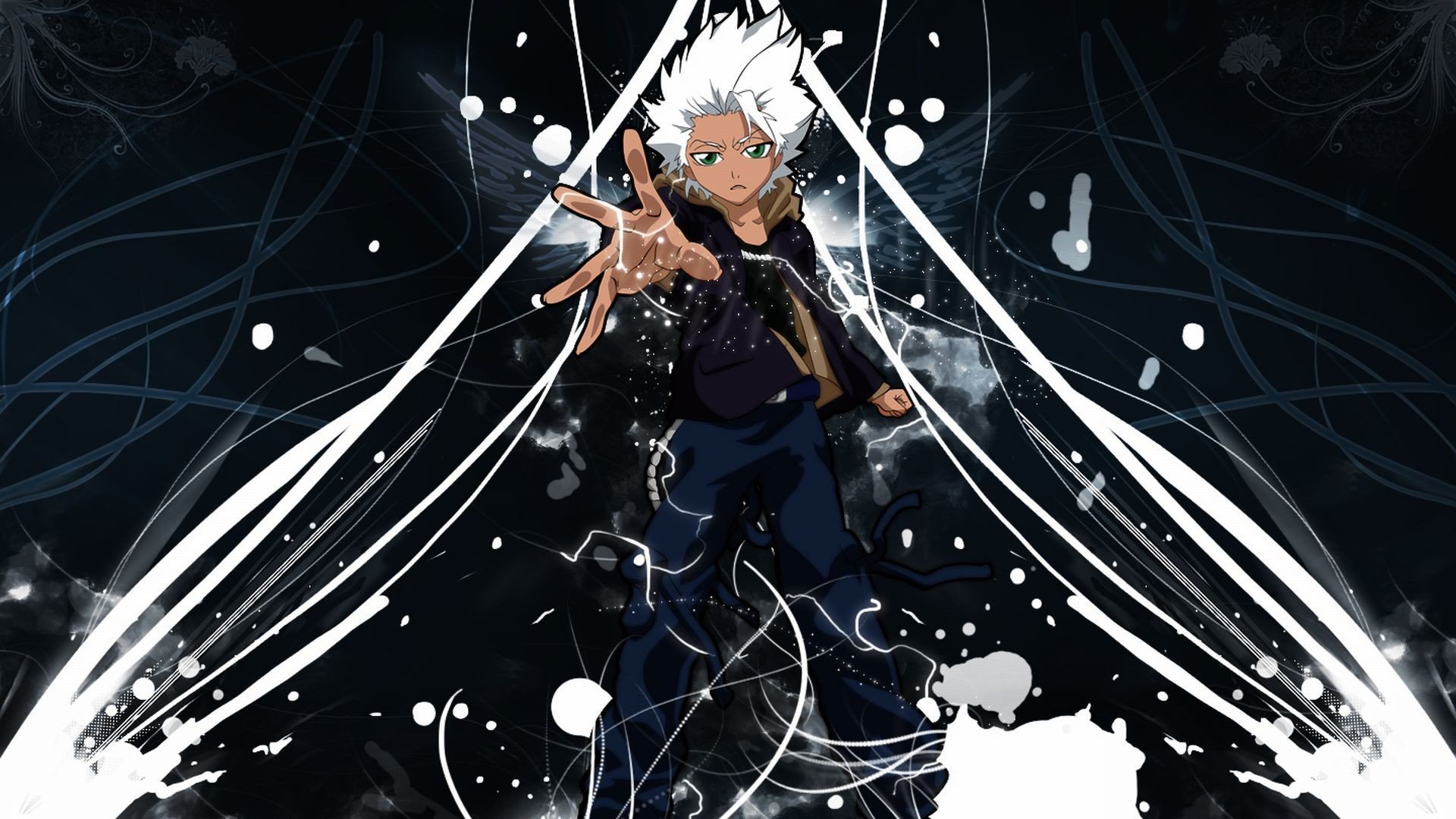 HD PC desktop wallpaper featuring Tōshirō Hitsugaya from the anime Bleach in a dynamic pose with abstract white and black splashes in the background.