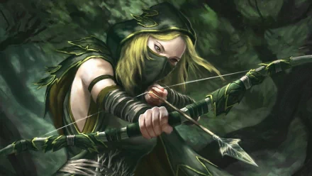 A fantasy warrior archer draws her bow in a lush, green forest, exuding strength and determination. This HD wallpaper captures the essence of a mystical battle-ready character.